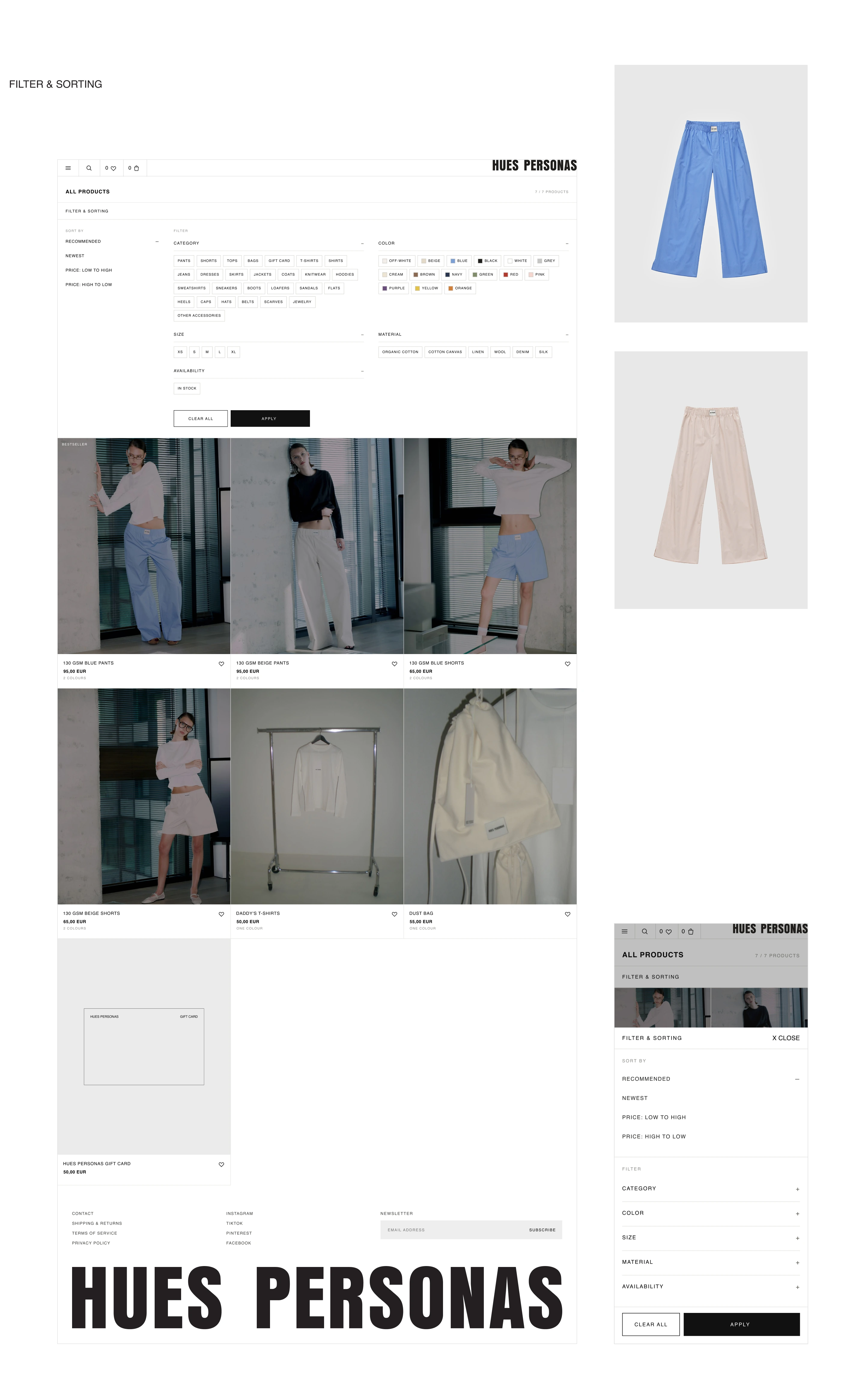 Desktop and mobile product discovery with sorting and filters for category, colour, size, material and availability.
