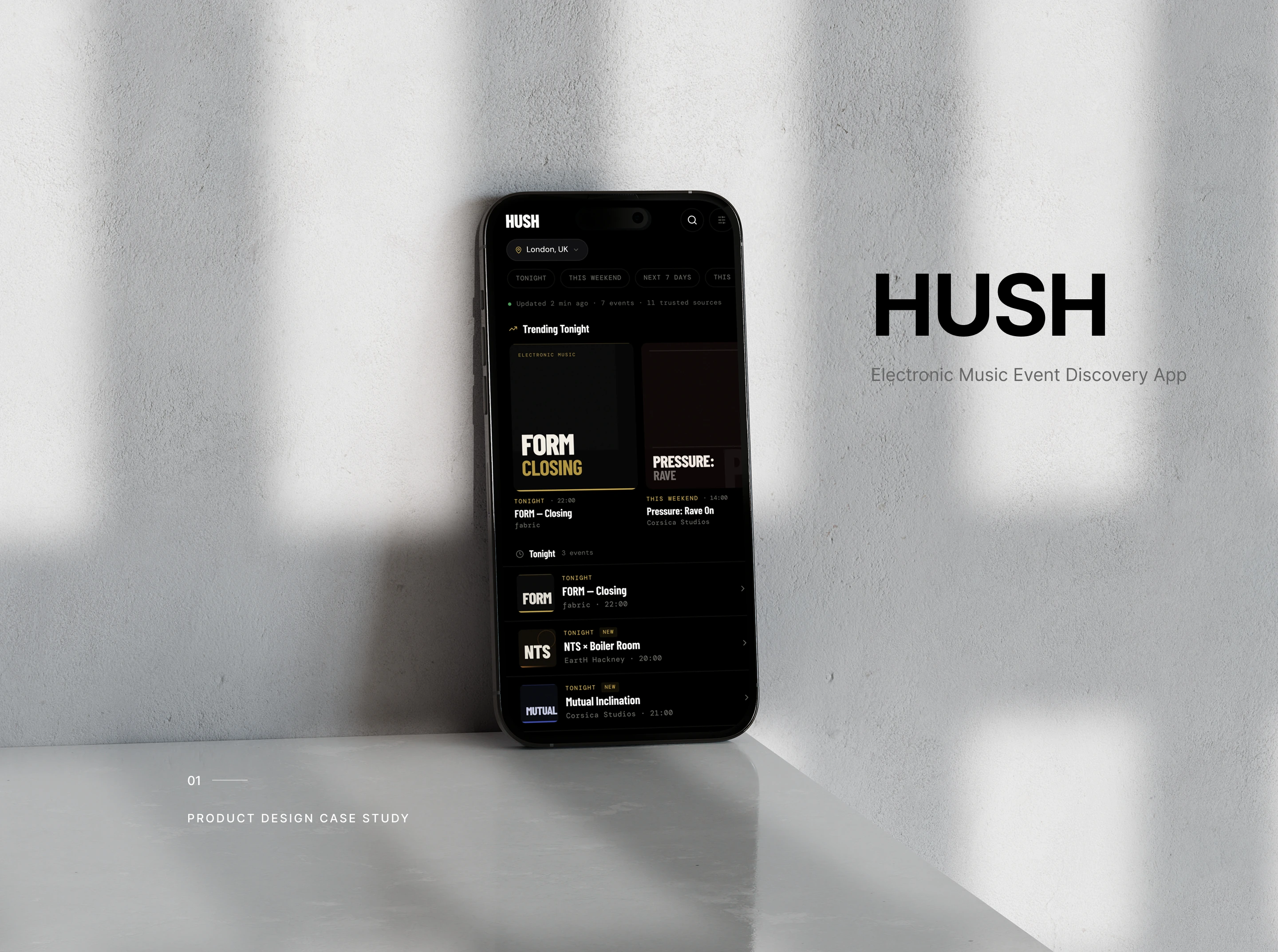 HUSH. Electronic Music Event Discovery App. Product design case study cover with the app displayed on a phone.