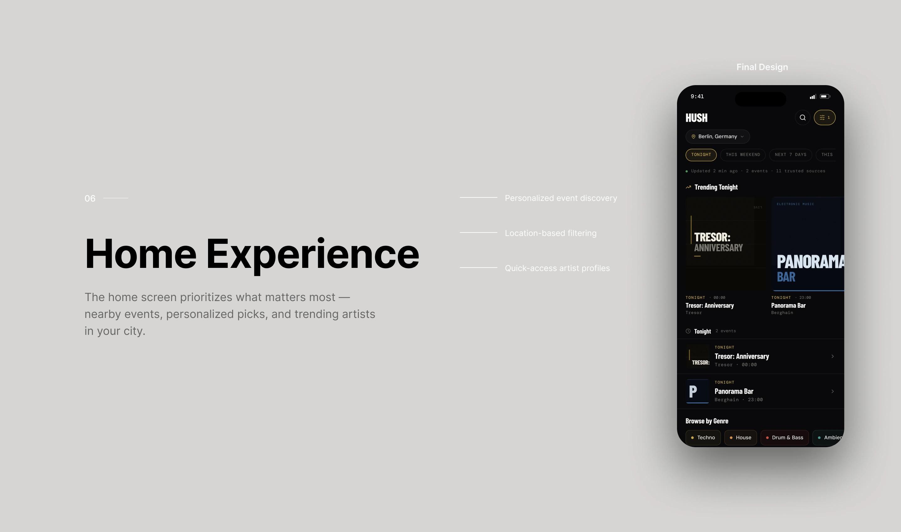 Home Experience: personalized event discovery, location-based filtering and quick-access artist profiles, shown on the final Berlin home screen.