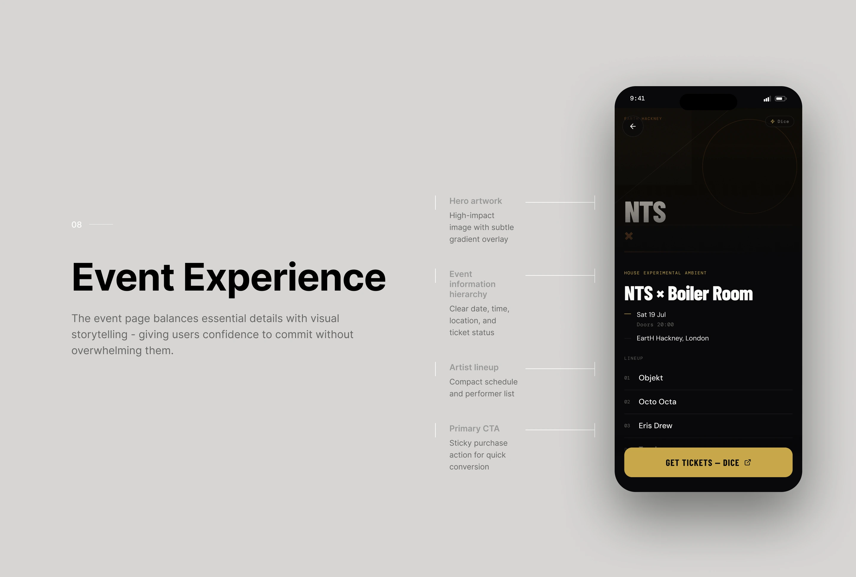 Event Experience: the NTS × Boiler Room event page with hero artwork, essential event information, an artist lineup and a prominent Get Tickets action.