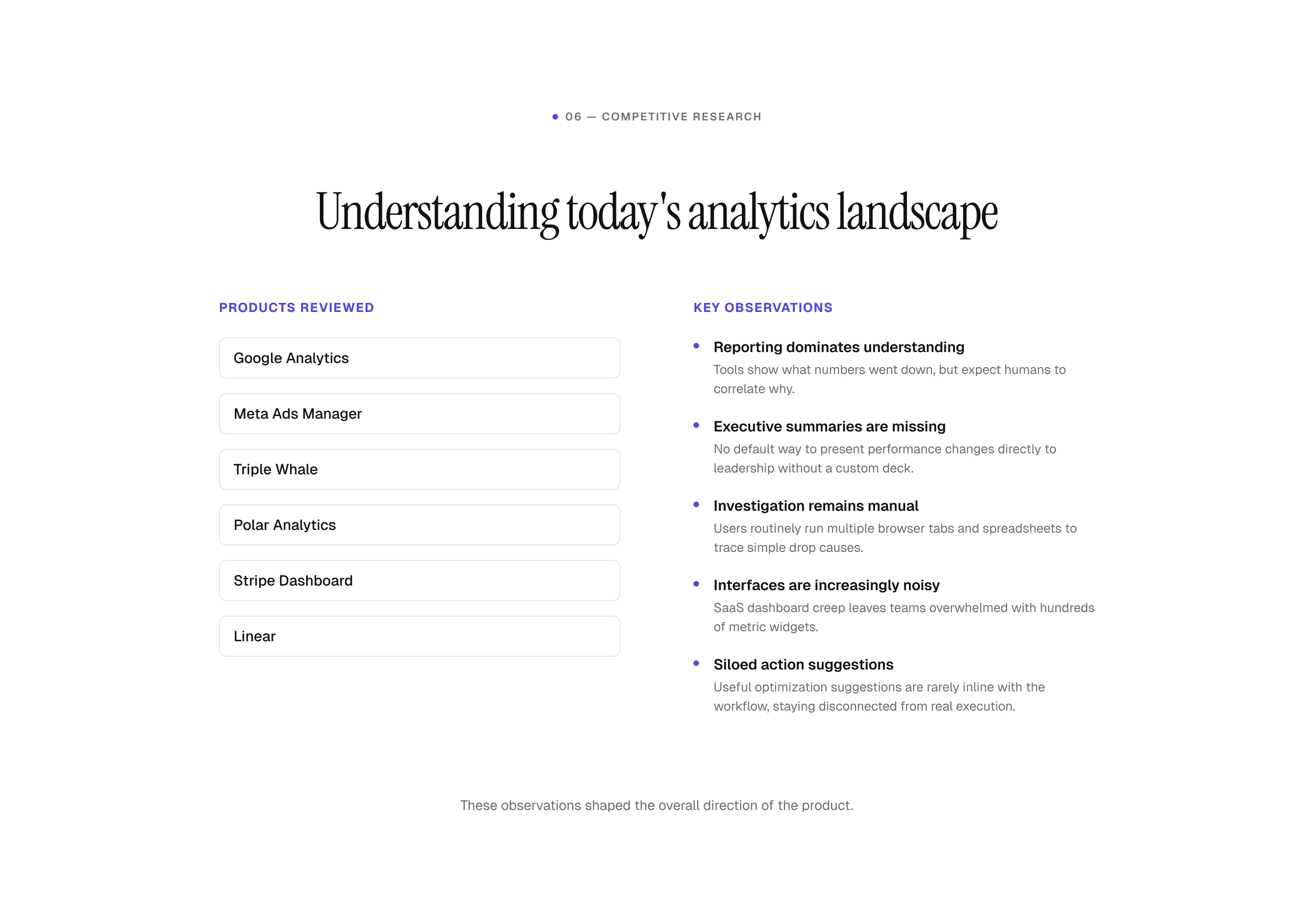 Competitive Research: review of Google Analytics, Meta Ads Manager, Triple Whale, Polar Analytics, Stripe Dashboard and Linear, identifying gaps in explanation, executive summaries and actionable insights.