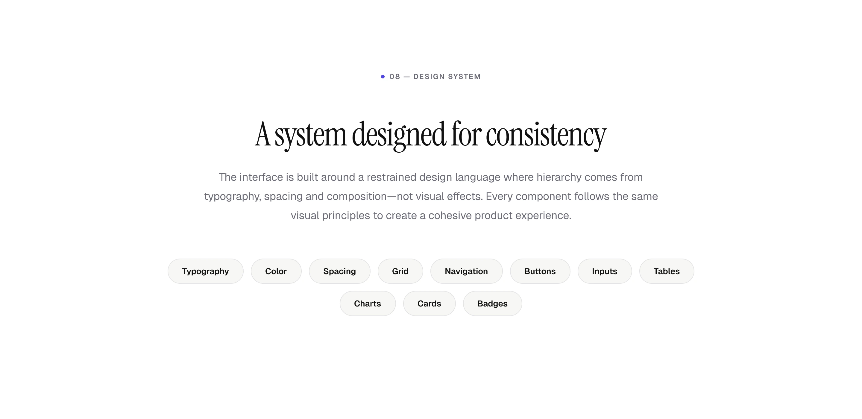 Design System: a consistent language of typography, color, spacing, grids, navigation, buttons, inputs, tables, charts, cards and badges.